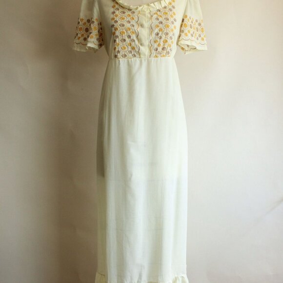Vintage 1970s Dress, Yellow Embroidered Boho Maxidress with Empire Waist and Bow - Picture 2 of 10